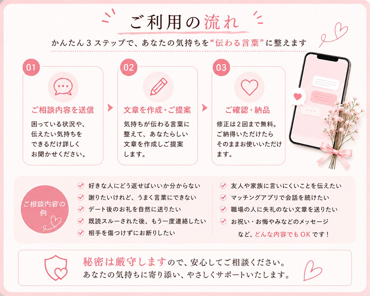 LINE・DMの返信文を一緒に考えます 言いにくい気持ちを自然に伝わる文章へ整えます イメージ3