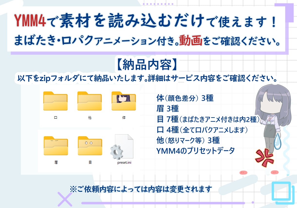 ゆっくりムービーメーカー４対応の動く立ち絵作ります 動画制作経験者が高クオリティ素材を提供します イメージ3