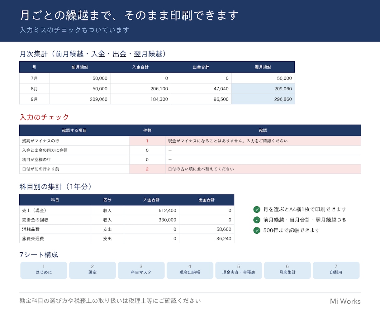 現金出納帳Excel（金種表つき）を販売します 残高は自動｜手元の現金と合うか確認できます イメージ3