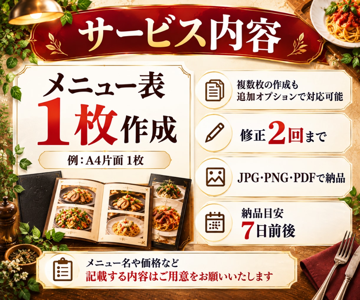 来店につながる飲食店のメニュー表作ります 集客/店舗/個人店/カフェ/居酒屋/キッチンカー/料金表 イメージ4
