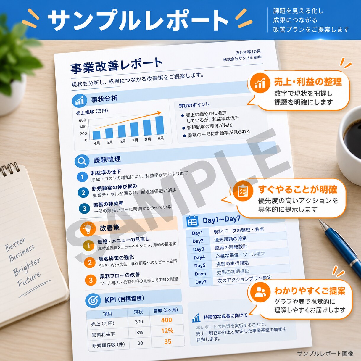 個人事業主・小規模法人の7日改善レポートを作ります 経営課題を整理し、今すぐ動ける7日間の改善計画をご提案 イメージ3