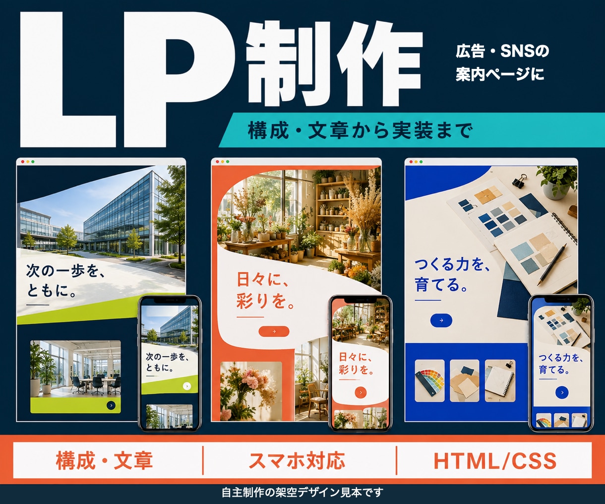 構成と文章から商品やサービスのLPを制作します 伝える順番と申込導線を整理し、実装まで対応 イメージ1