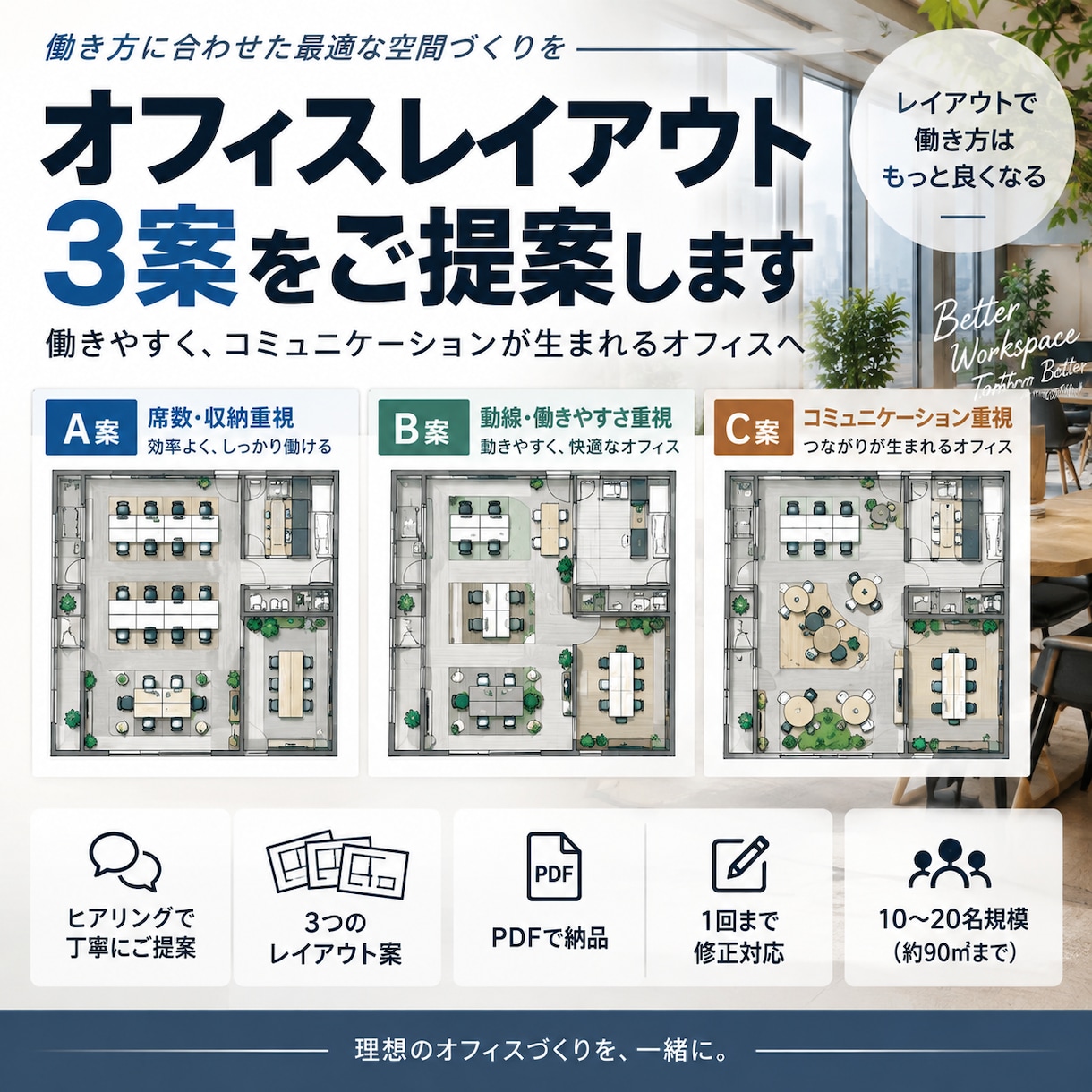 働きやすいオフィスレイアウトを3案ご提案します 働き方に合わせた3つのレイアウトをご提案 イメージ1