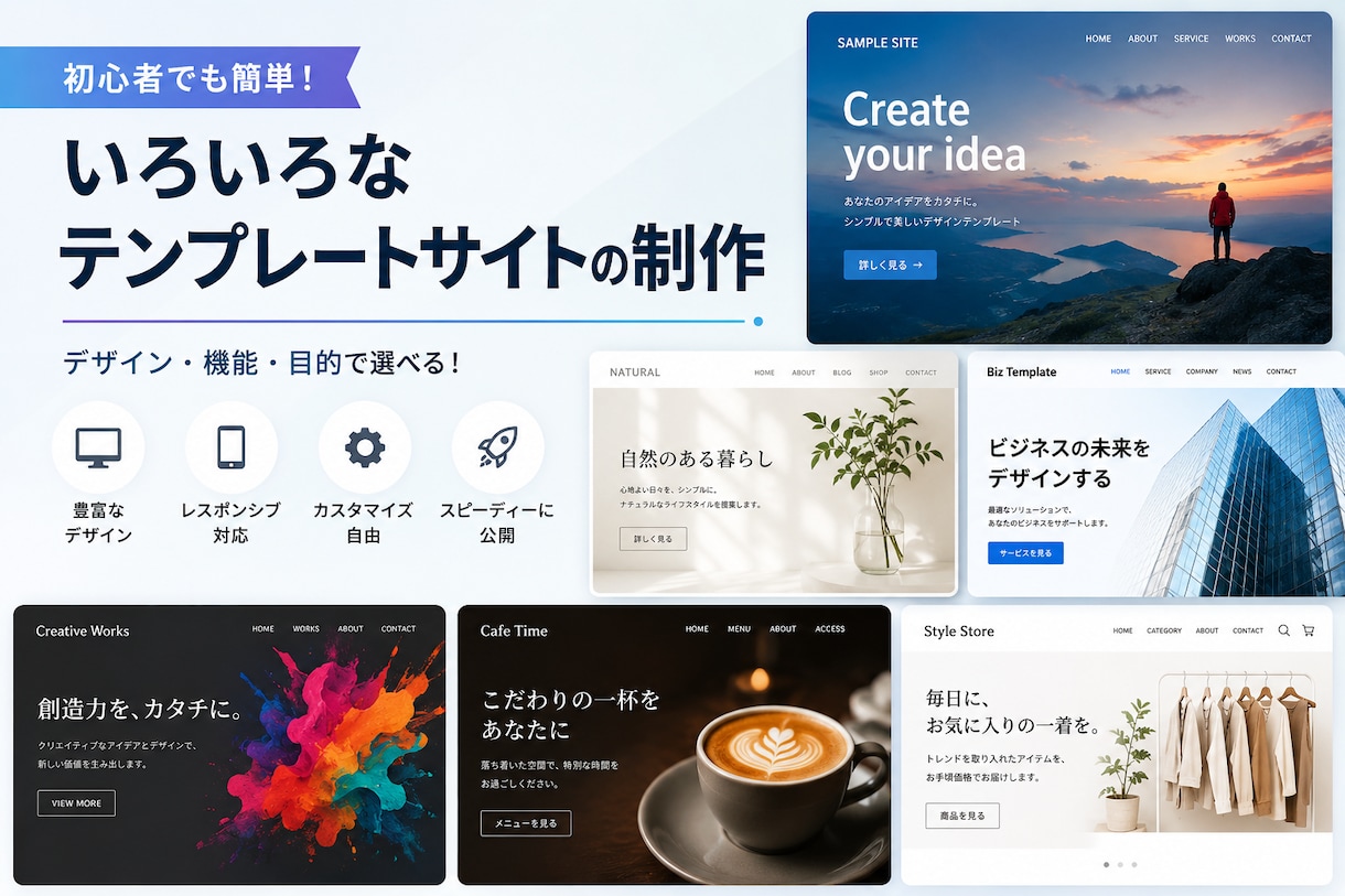 いろいろなテンプレートサイト制作致します 様々なデザインサイトを制作致します。 イメージ1