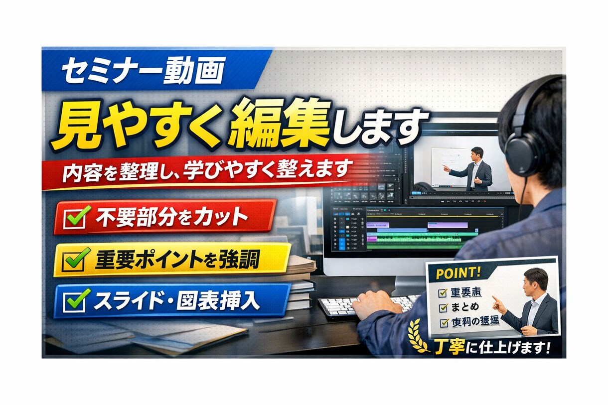 セミナー動画を見やすく編集します 内容を整理し、学びやすく整えます イメージ1