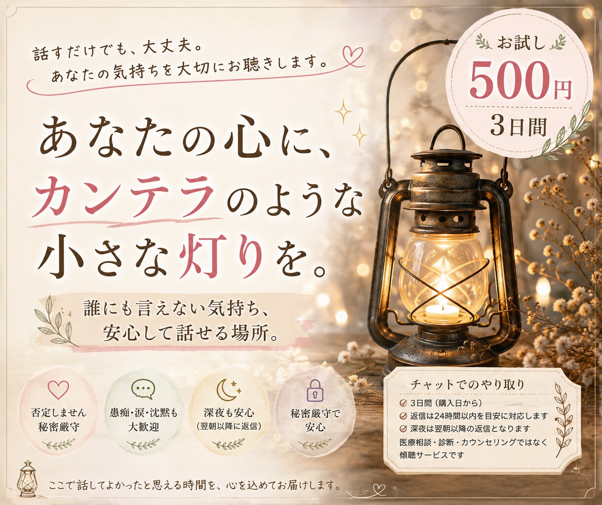 お試し版　あなたのお話し聞きます 今日が少しだけ優しくなる時間を。 イメージ1