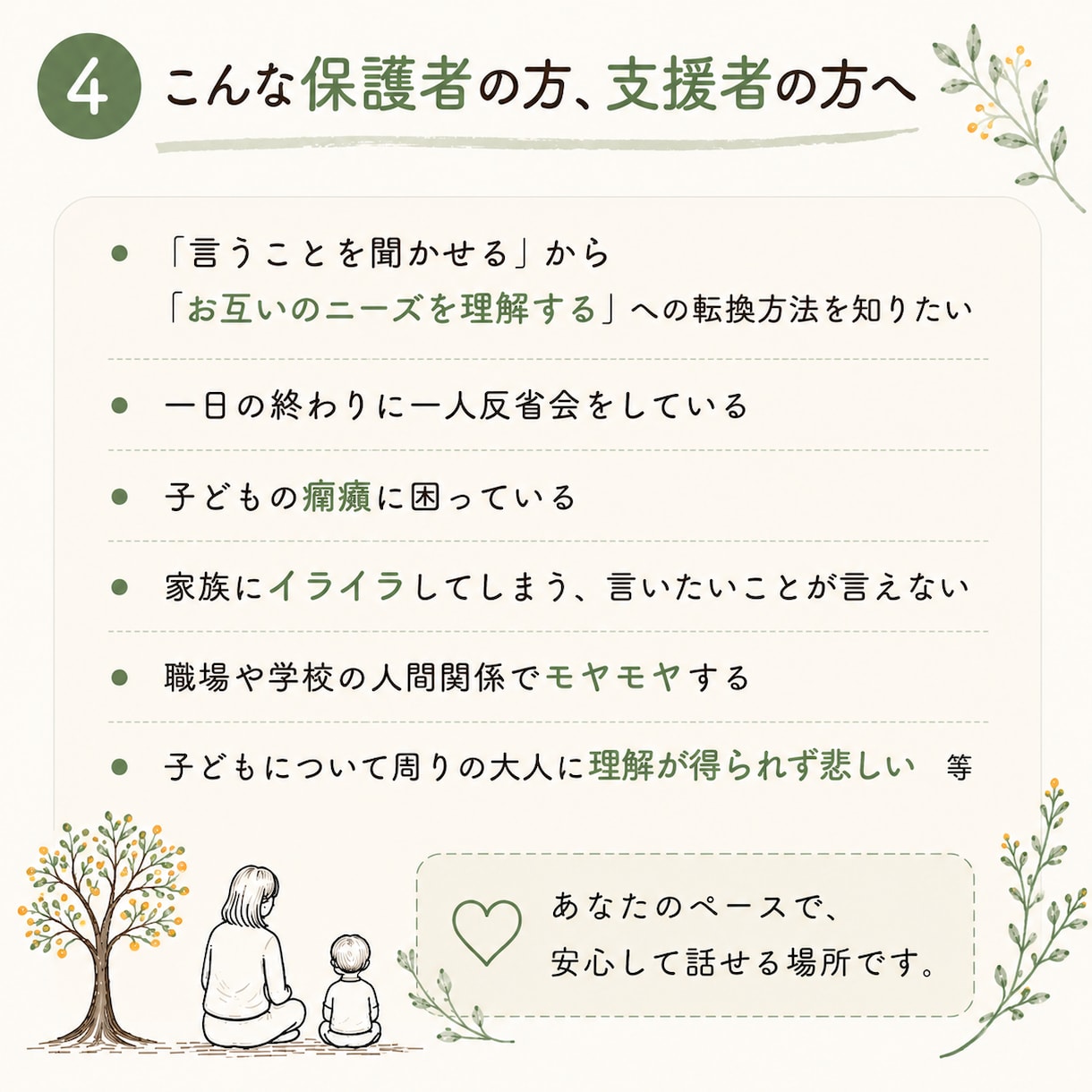 保護者様、支援者さんのお悩み、気持ちを整理します 作業療法士による「NVC」を通した、自分を育む対話 イメージ4