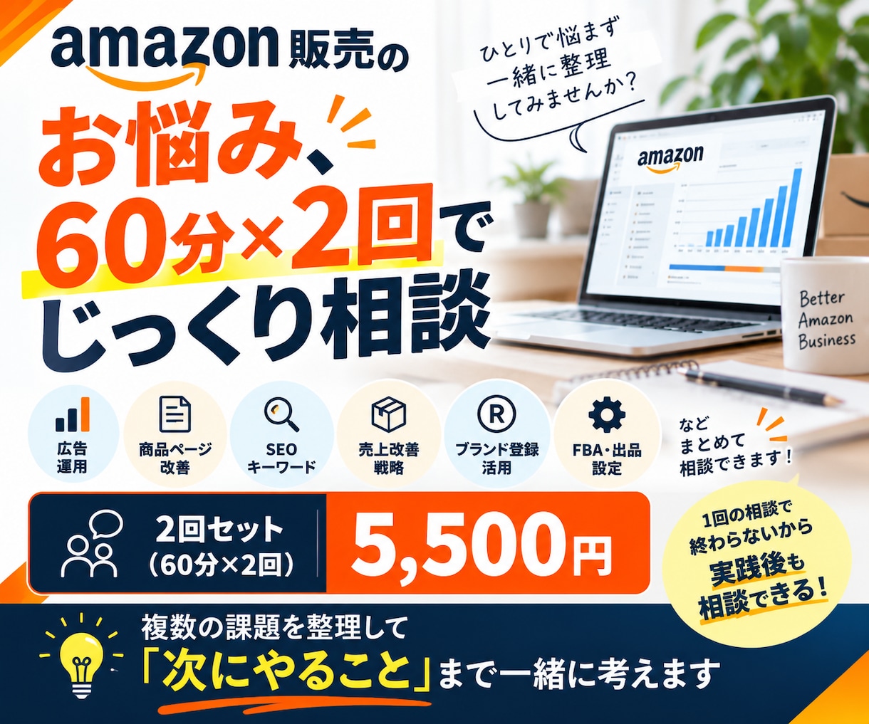 Amazon販売の改善策を一緒に整理します 60分×2回｜広告・SEO・売上改善をまとめて相談 イメージ1
