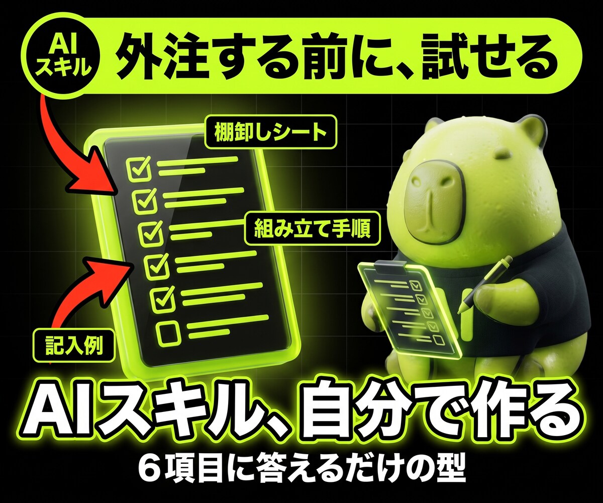 自分でAIスキルを作る手順書を渡します 任せたい業務を、AIが動く形に落とし込む型 イメージ1
