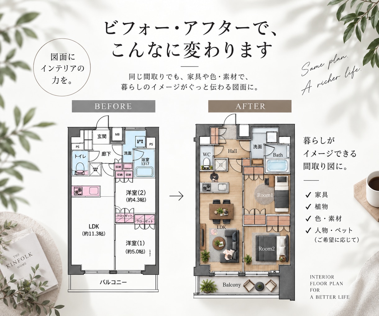 暮らしのイメージがわかる間取り図に仕上げます 好きなテイスト×人物・ペットで、暮らしを描く イメージ2