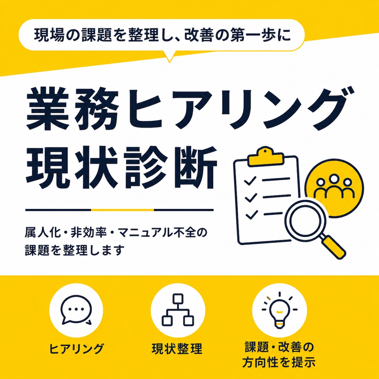 業務ヒアリング・現状診断|業務課題を整理します 現場ヒアリングをもとに、業務の流れ・課題・改善優先度を整理。 イメージ1