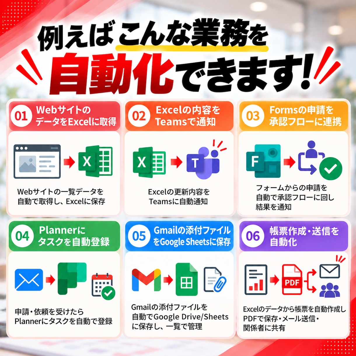 業務の流れをまるごと自動化します Excel・Web・Teams・SaaSで業務全体を自動化 イメージ4