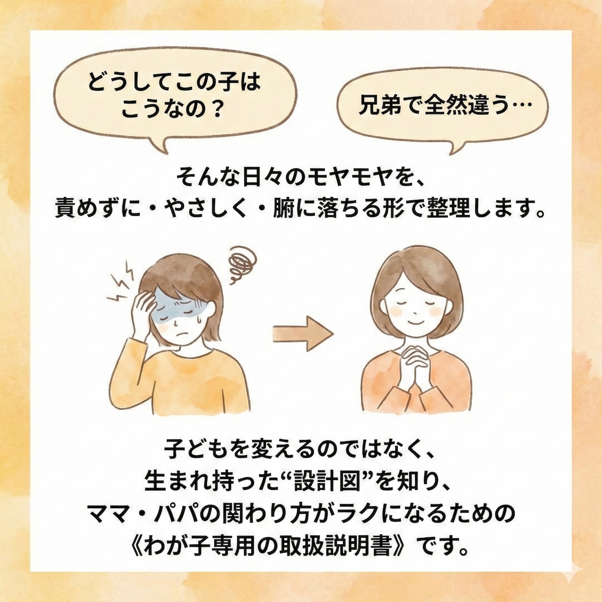 子育てがラクになる｜わが子の取扱説明書を作ります どうしてこうなるの？がわかると関わり方が自然に変わります イメージ2