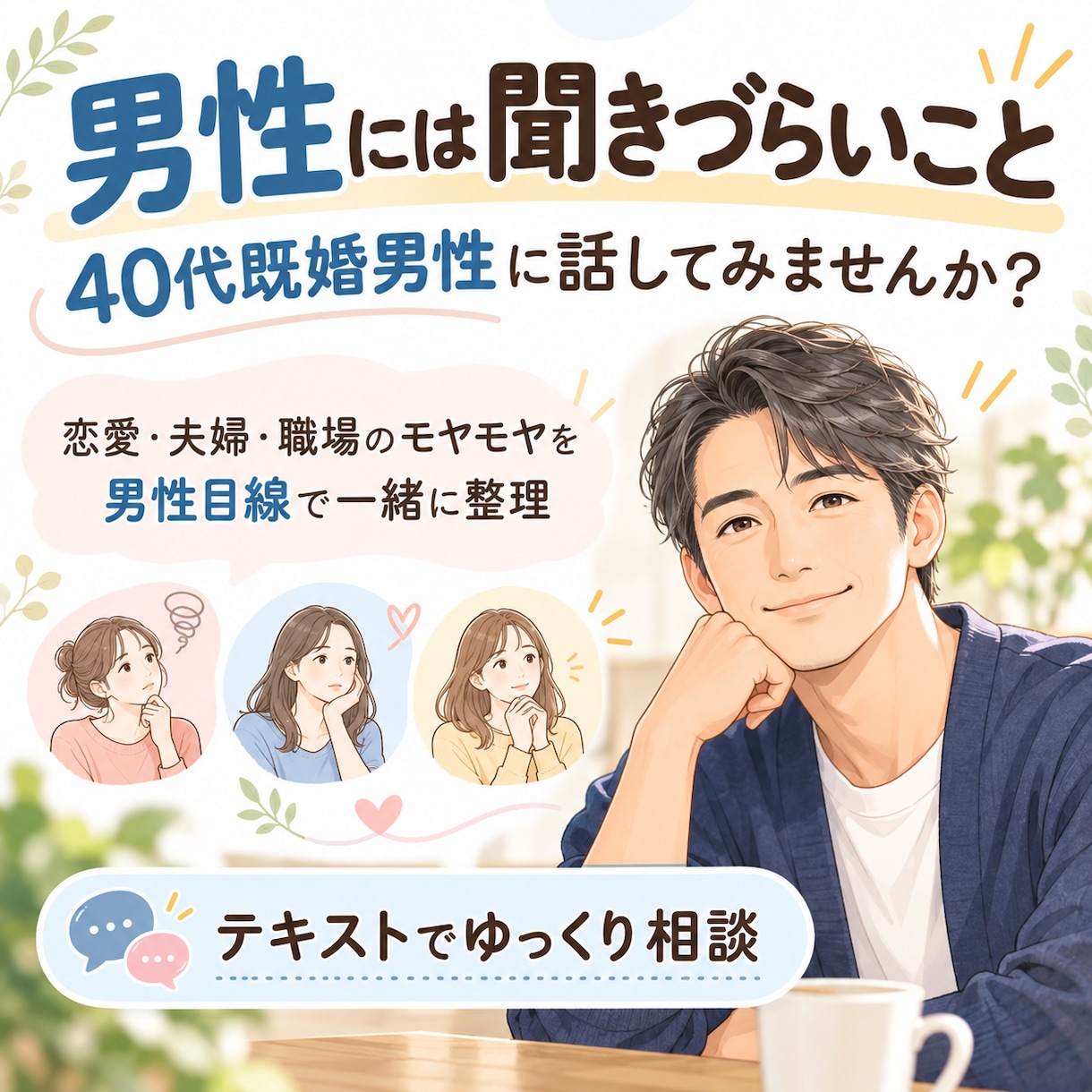 男性には聞きづらいこと、既婚男性がお聞きします 彼・夫・職場の男性のこと、40代男性の目線で一緒に整理します イメージ1