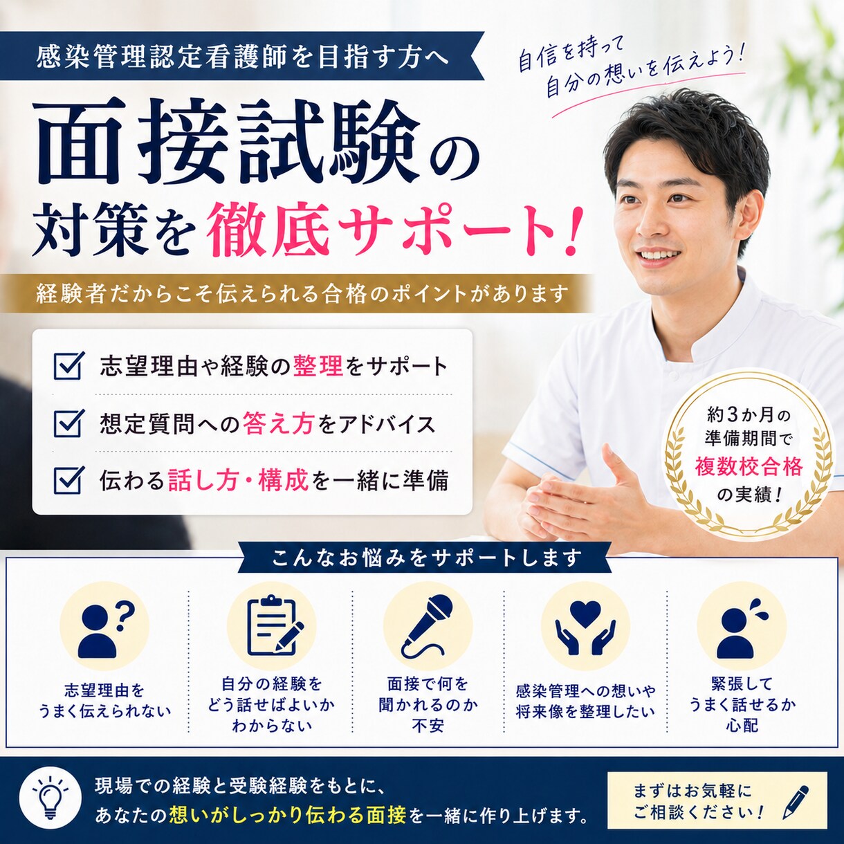 感染管理認定看護師面接の不安を自信に変えます 志望理由・将来像を整理し、自信持って答えられるよう支援します イメージ1
