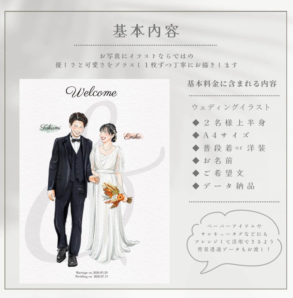 結婚式を彩る◎おしゃれなウェルカムボード描きます ペーパーアイテにも活躍！式後も楽しめるウェディングイラスト イメージ4