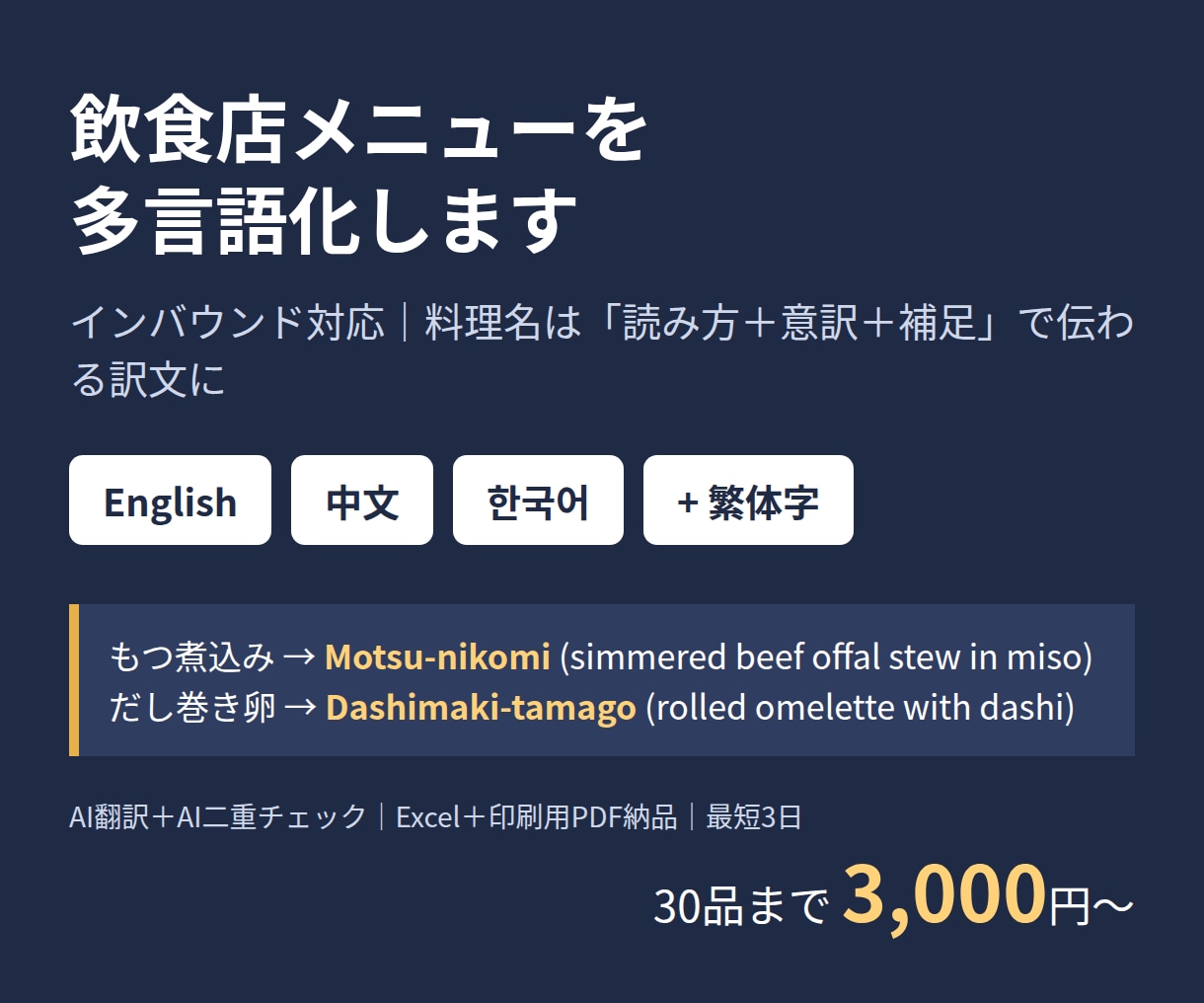 インバウンド向け多言語メニュー翻訳しますます AI翻訳＋AI二重チェックで英中韓メニューを最短3日納品 イメージ1