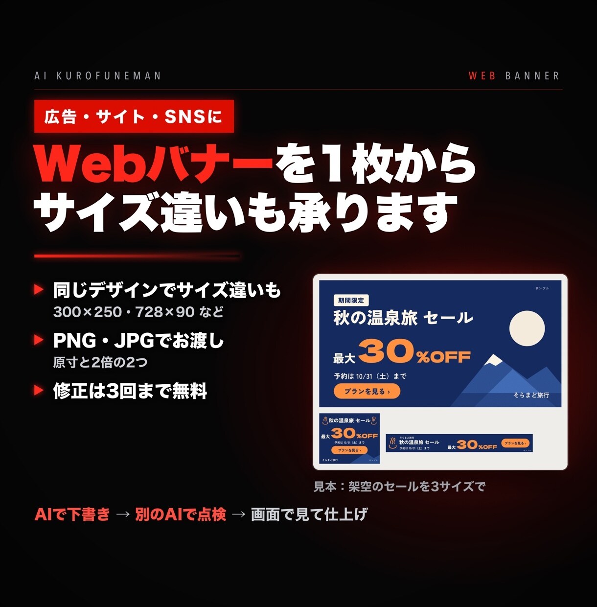 Webバナーを1枚作りサイズ違いも承ります 広告・サイト・SNS用に、文字が小さくても読める1枚を イメージ1