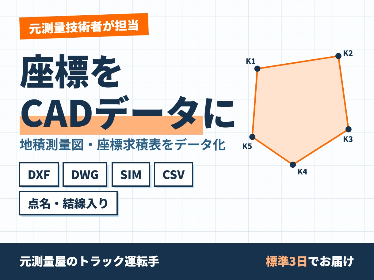 地積測量図の座標をCAD・SIMデータ化します 元測量技術者が担当｜地積測量図をDXF・SIM・CSV化 イメージ1