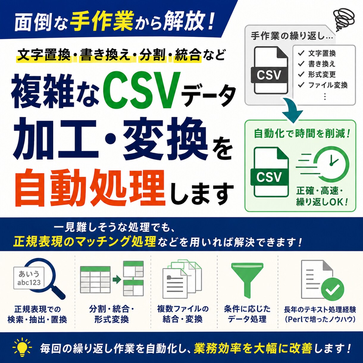 複雑なCSVデータ加工・変換を自動処理します 正規表現や条件処理による高度なデータ加工に対応 イメージ1