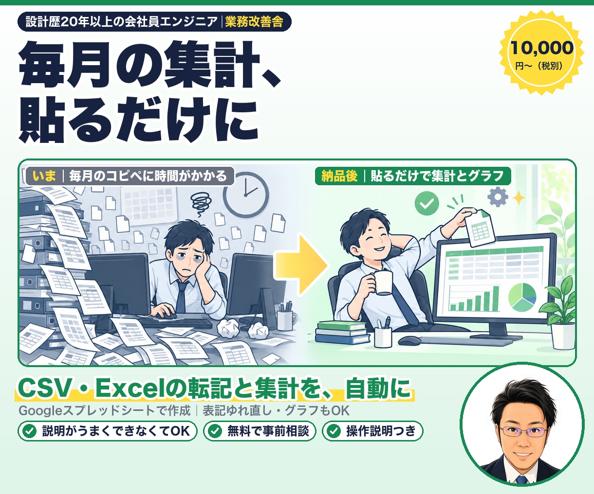 毎月のCSV集計を貼るだけのスプシにします 転記・集計・グラフ作りのコピペをなくします イメージ1