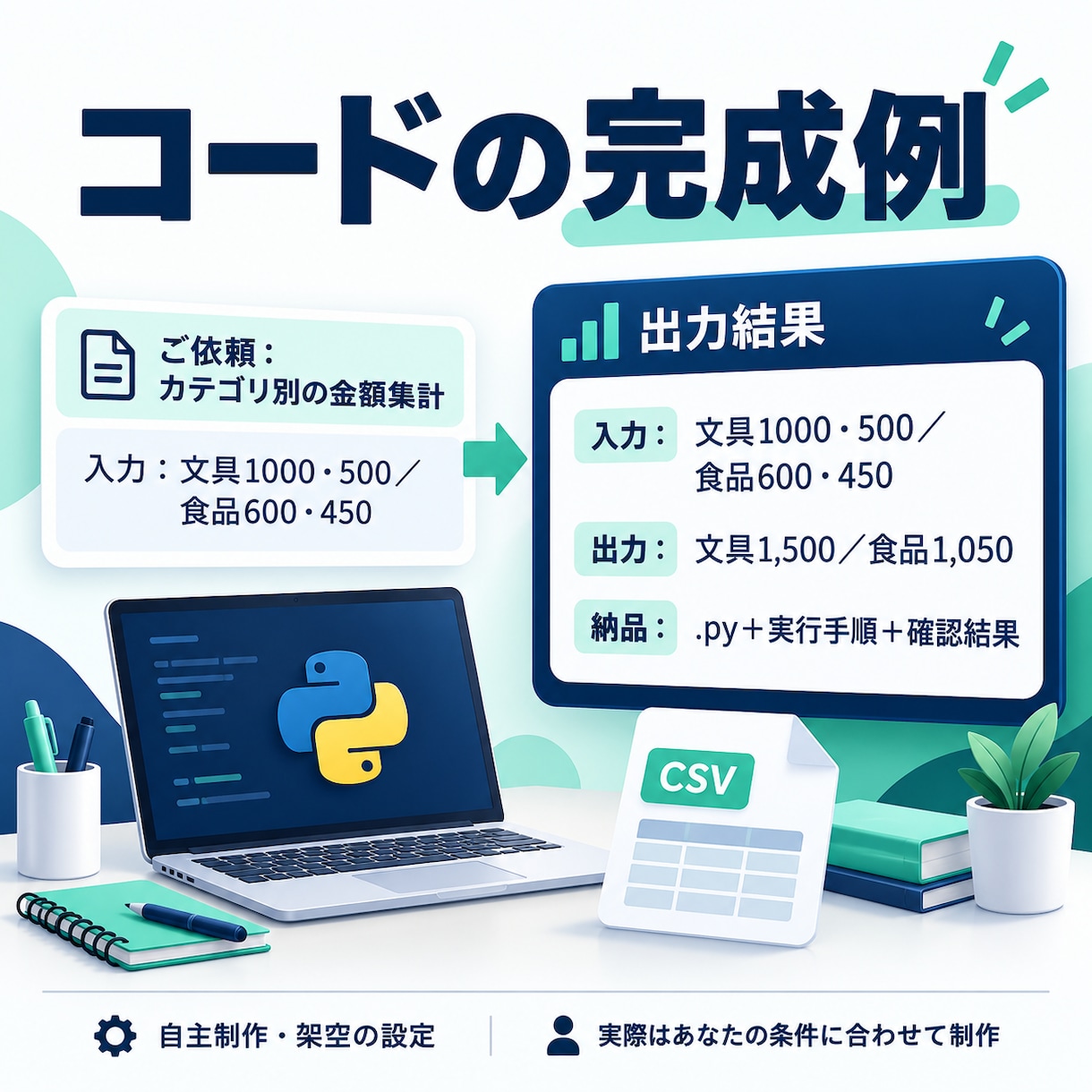あなたのCSV用Pythonコードを作ります お手元の列名と処理条件に合わせて1本制作 イメージ2