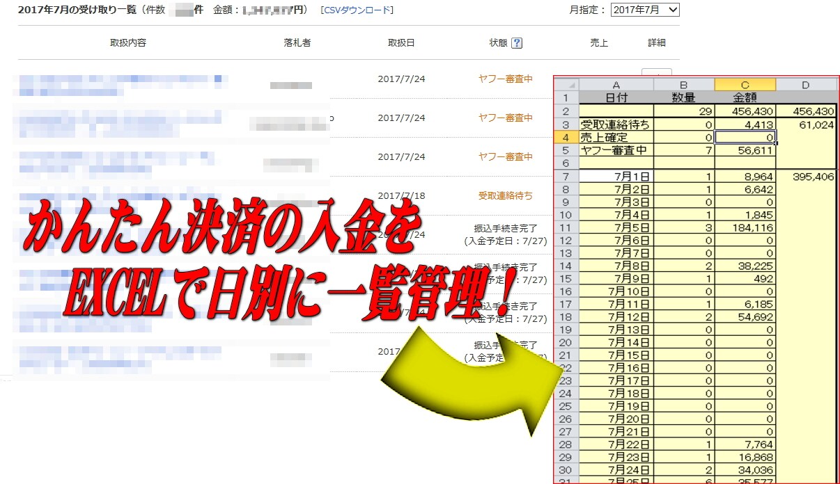 ヤフオクかんたん決済入金をEXCELで一覧にします 期間限定半額★かんたん決済をEXCELで日別に管理したい方へ イメージ1