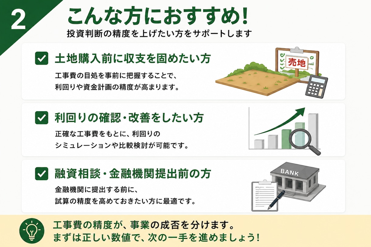 利回崩壊防止｜RCマンション工事費適正金額出します 土地を買う前に工事費についてお悩みの方へ イメージ3