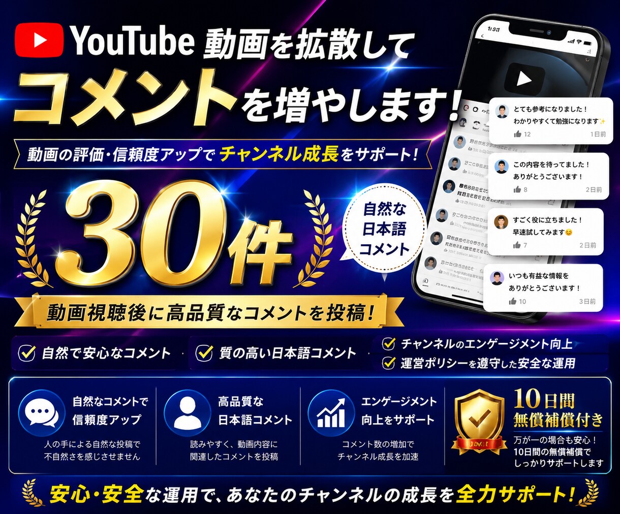 YouTube動画に日本人コメントを増やします 動画視聴後の自然なコメント｜正規広告だから安心・安全に拡散 イメージ1