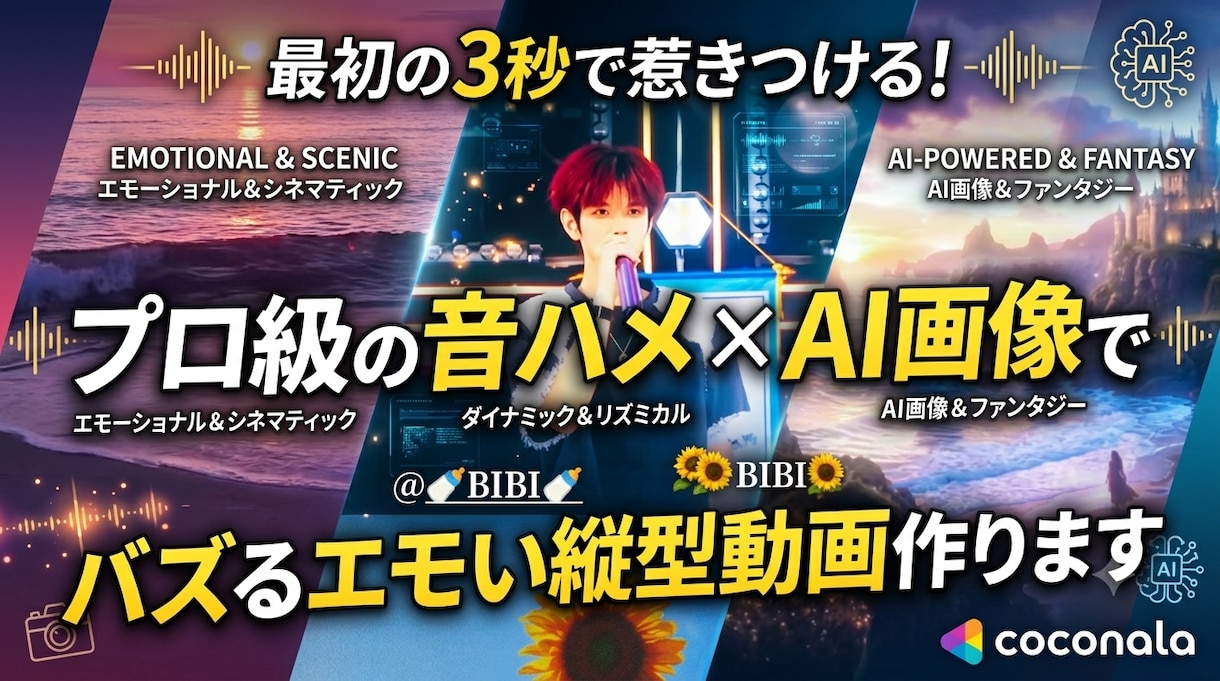 最初の3秒で惹きつける！エモい縦型動画作ります 音ハメ・AI画像・美しいデザインで心に残る動画を イメージ1