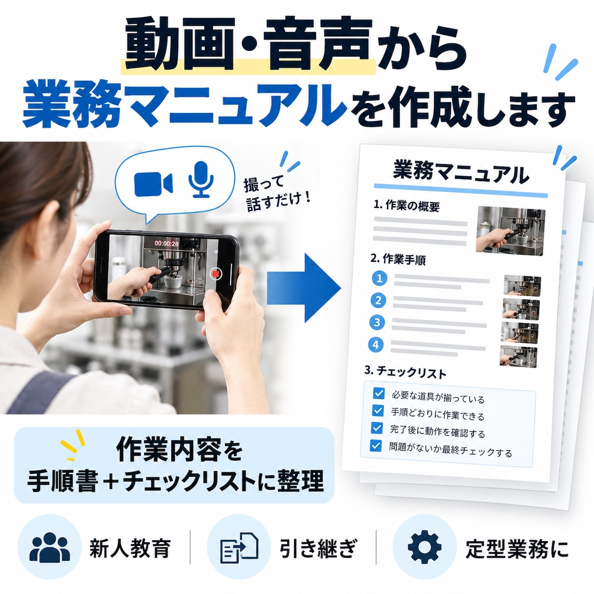 動画・音声から業務マニュアルを作成します 作業内容を手順書＋チェックリストに分かりやすく整理します イメージ1