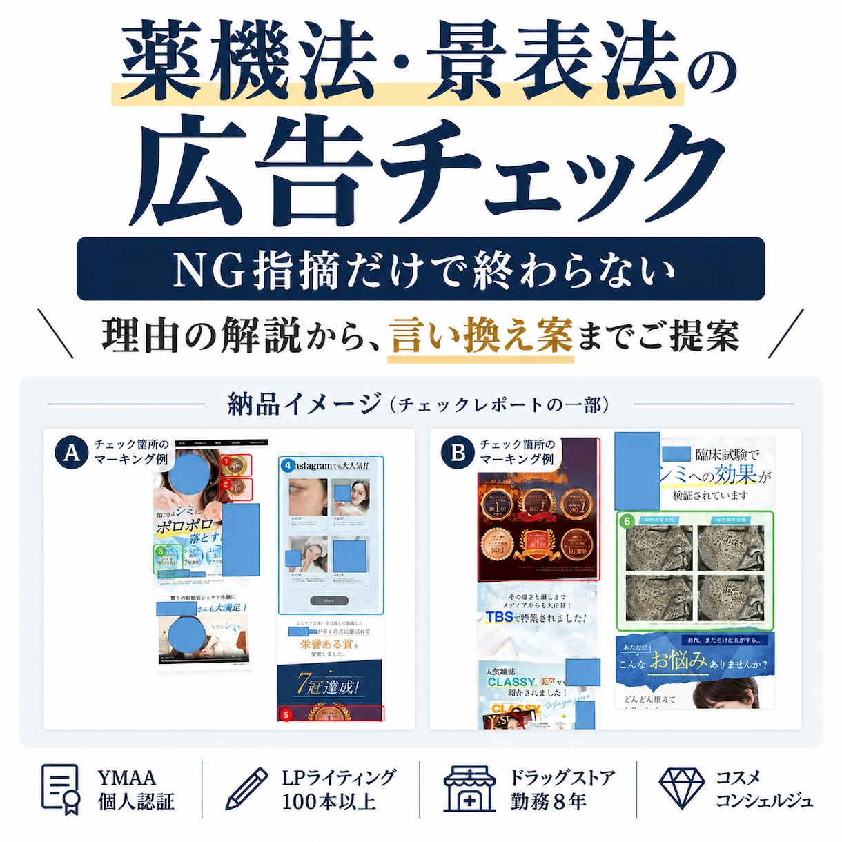 薬機法・景表法の広告表現をチェックします 商品ページLP対応｜NG理由と訴求を活かした言い換え案を提案 イメージ1