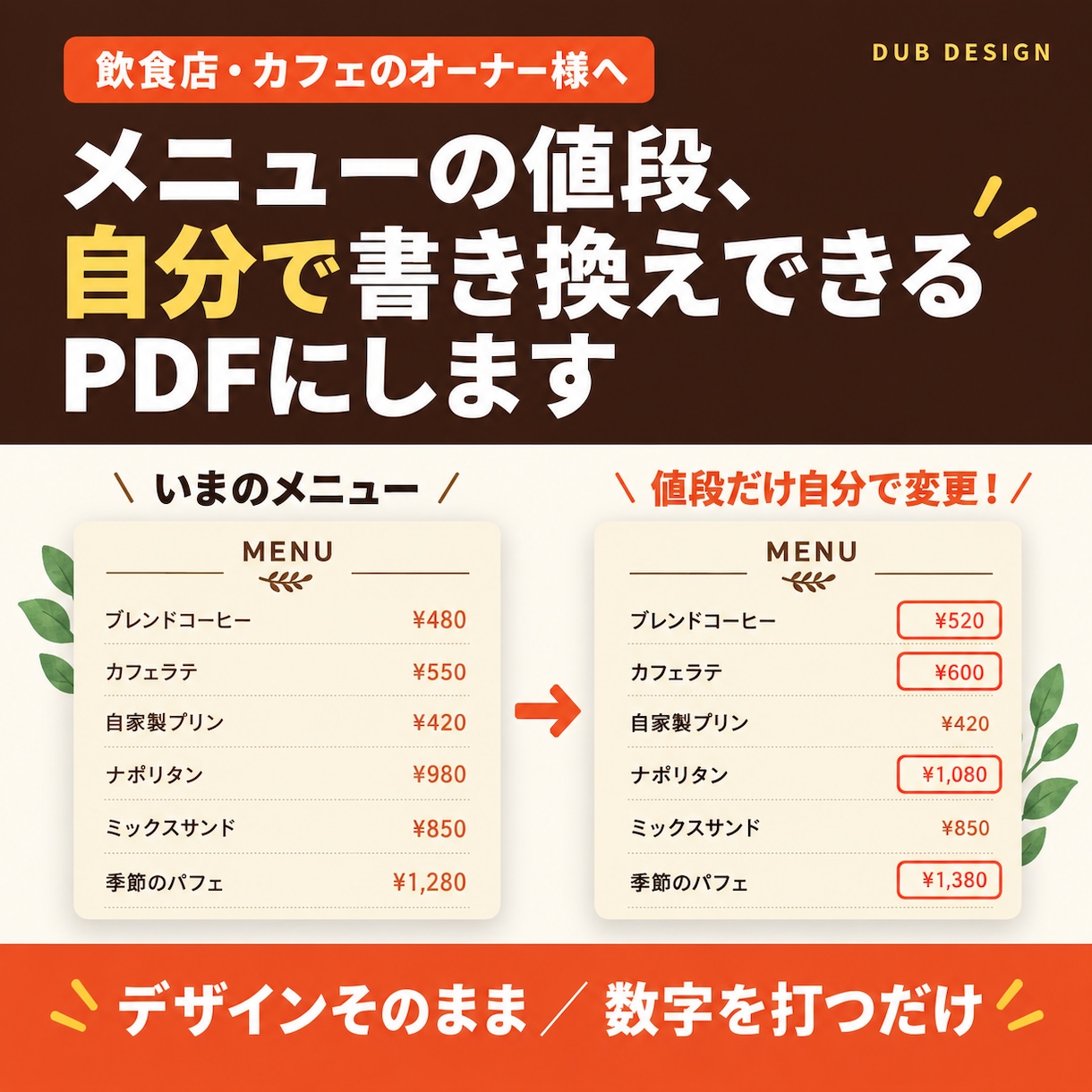 メニューPDFを値段だけ編集できる形に変換します 飲食店向け｜デザイン事務所が見た目そのまま値段だけ編集可能に イメージ1