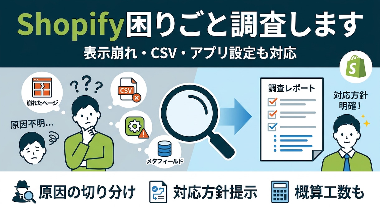 Shopify困りごと調査します 表示崩れ・CSV・アプリ設定も対応 イメージ1