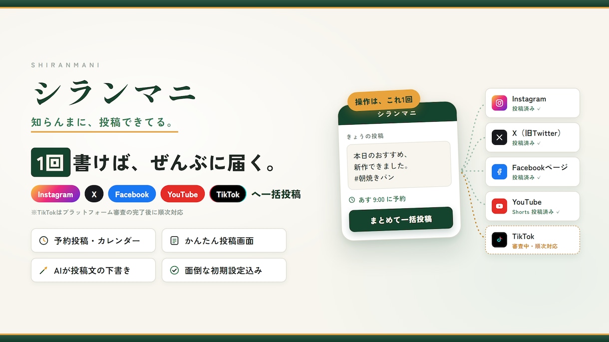 インスタ・X・FBへ一括投稿の環境つくります 1回の操作でインスタ・X・FBへ。予約投稿もAI下書きも イメージ1