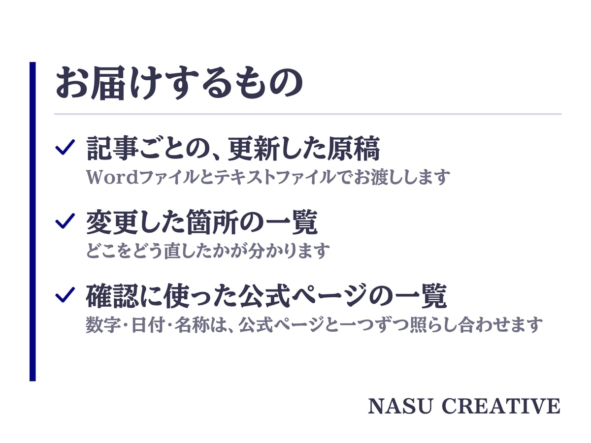 古い記事を公式で確かめ「情報更新&リライト」します 現役のプロライターが古い料金や日付を公式で確かめ書き直します イメージ4