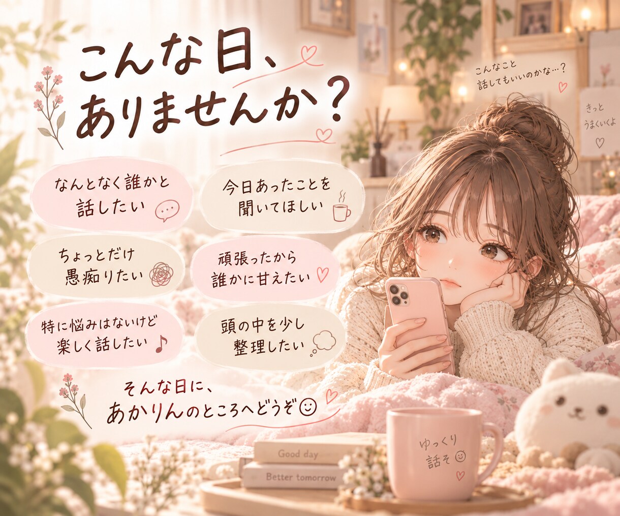 ちょっと誰かと話したい日に、ゆっくりお話しします 1日10往復✉️愚痴も雑談も、本音も。気軽にどうぞ☺️ イメージ2