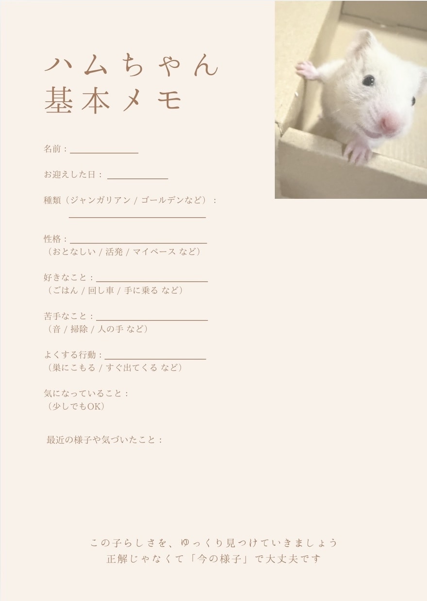 がんばりすぎないハムスター飼育ノートを提供します 正しさに疲れた方へ、やさしい飼育ノート イメージ2