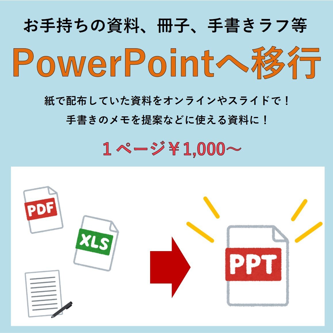 資料、冊子、手書きラフ等パワーポイントへ移行します ペーパーレスやオンライン化に対応。手書きメモの資料化にも！ イメージ1