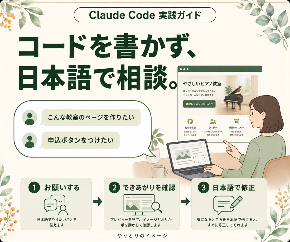 ClaudeCode導入からHP公開方法を渡します 日本語で頼むだけ。ページ・申込フォーム・振込案内まで作れます イメージ5