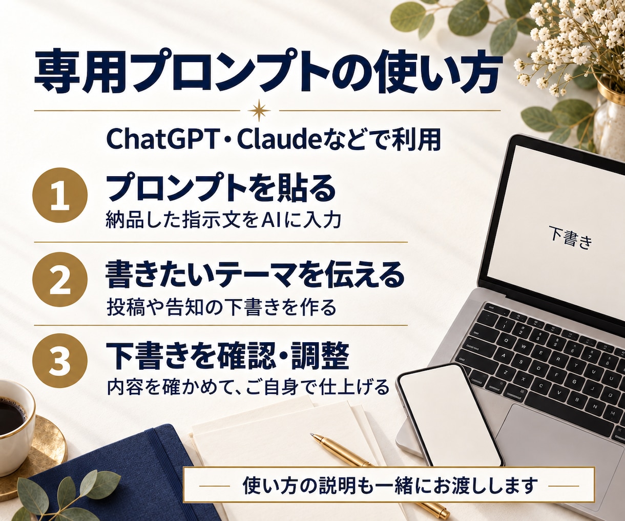 あなたの言葉で伝わる発信の型を作ります 発信ネタ10個+投稿文+プロンプトで世界観のまま迷わず書ける イメージ4
