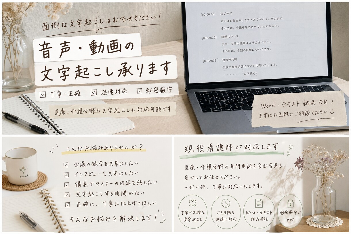 音声・動画の文字起こし承ります 1分70円～丁寧・正確に文字起こし｜看護師経験を活かした対応 イメージ1