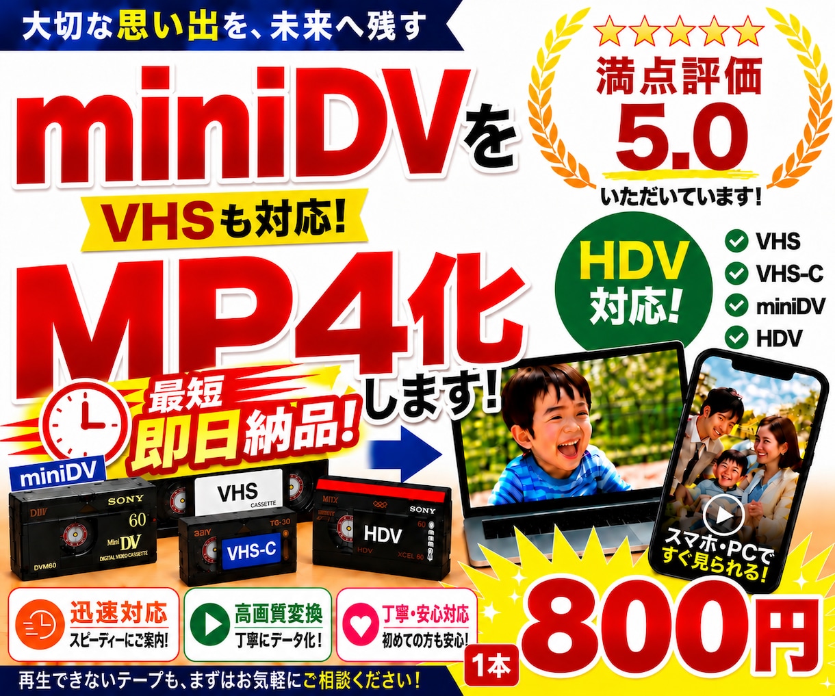 miniDV・VHSをスマホで見れるようにします miniDV・VHS対応！１本800円！最短即日納品！ イメージ1