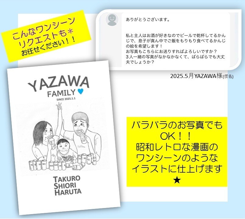 世界に１つ。オリジナルファミリーポスター作ります 【ギフトにも◎】家族の思い出を昭和レトロ漫画のワンシーンに♩ イメージ6