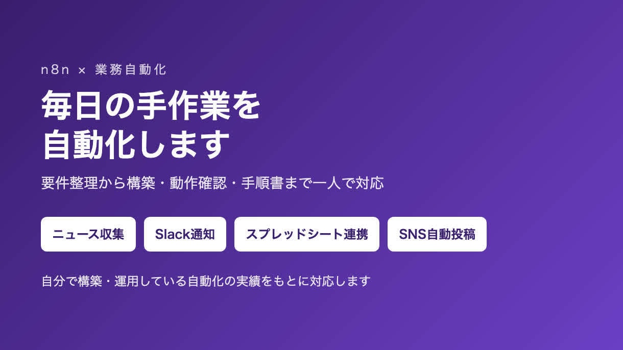 n8nで業務の手作業を自動化します Slack通知・スプレッドシート連携・ニュース収集などに対応 イメージ1