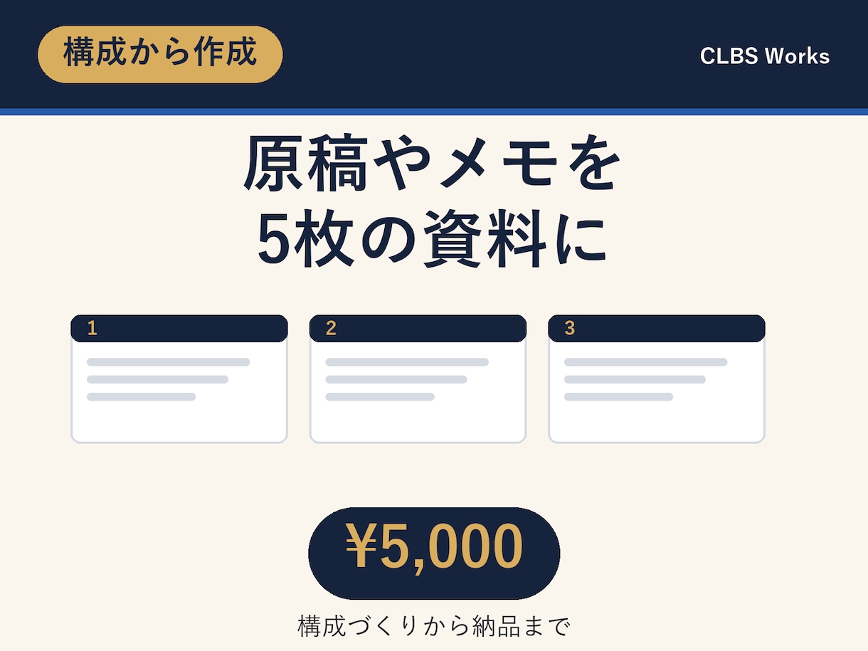 見本あり|PowerPoint資料を作成します 原稿やメモを、見やすい5枚の資料に整えます イメージ1