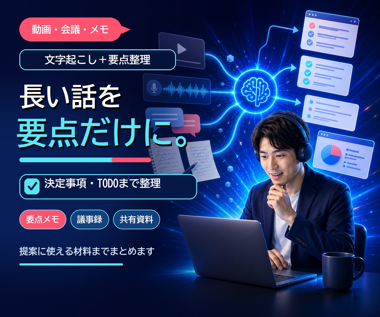 会議・動画・音声を文字起こしして要点整理します 長い話をすぐ使えるメモに変換します イメージ1