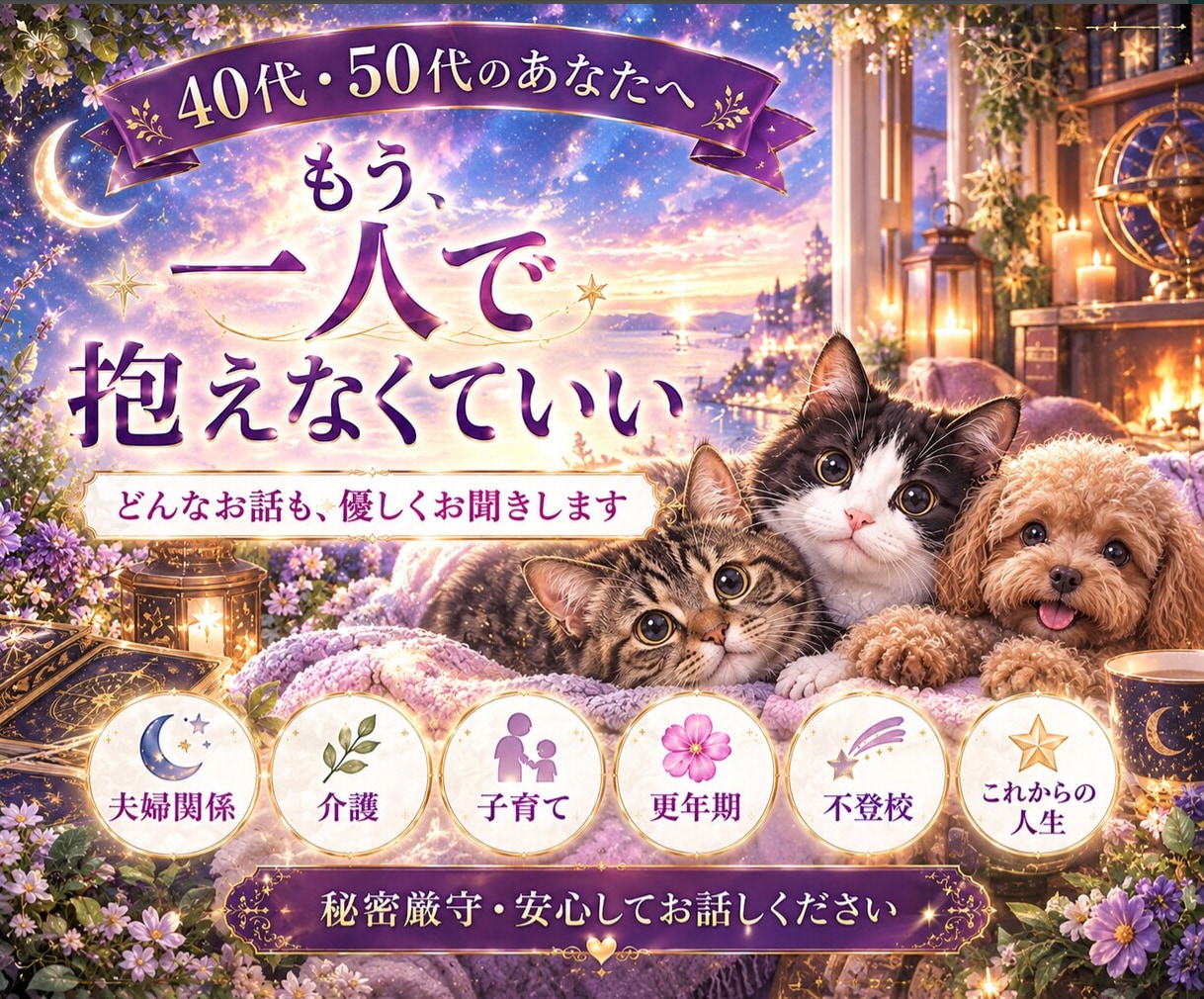 ４０代・50代の女性のお話を優しくお聞きしますます 更年期/夫婦関係/介護/シングル/子育て/不登校/老後の不安 イメージ1