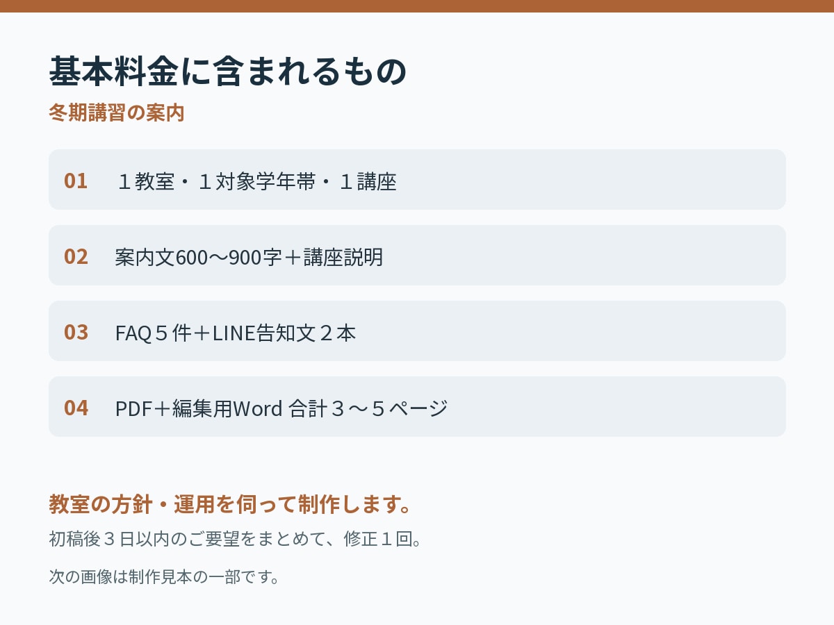 個人塾の冬期講習の案内文４点を作ります 案内文・講座説明・FAQ・LINE告知を整備 イメージ2