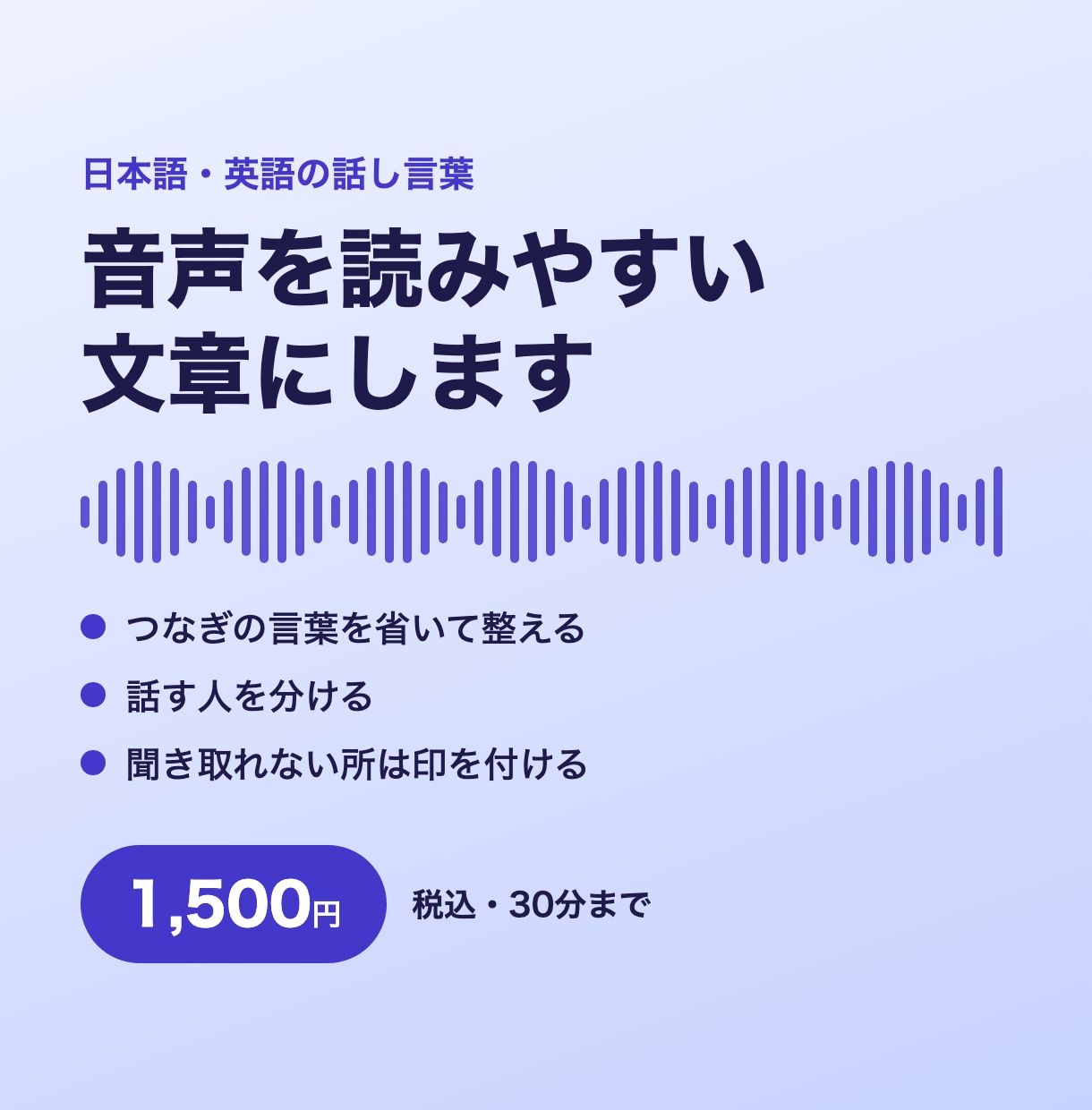 講演や配信の音声を読みやすく文字にします 日本語・英語の話し言葉を、30分まで1,500円で イメージ1